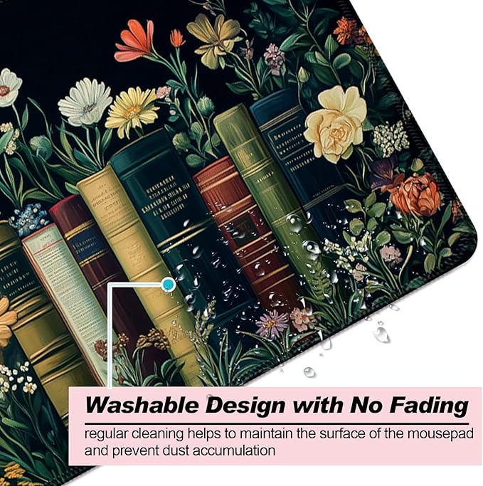Fantasy Pretty Wildflower and Book Gaming Desk Mat, Computer Keyboard Large Extended Long Floral Mouse Pad for Office and Home, XL (W02)