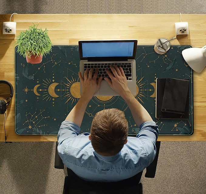 Dark Academia Mousepad Forest Green XXL Desk Mat Gold Moon Phases Large Extended Mouse Pad Gaming Laptop Keyboard and Mouse Mat Desk Pad, Non-Slip Rubber Base with Stitched Edges, 31.5x15.75 in