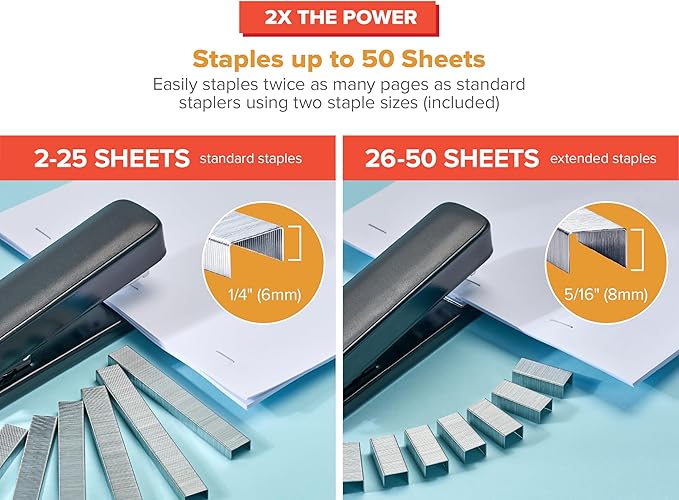 Bostitch Titan Heavy Duty Metal Stapler, 50 Sheet Capacity with 1250 Staples and Ergonomic Staple Remover, Jam Free Stapling, Full Strip Stapler for Desk, Office and Classroom, Black