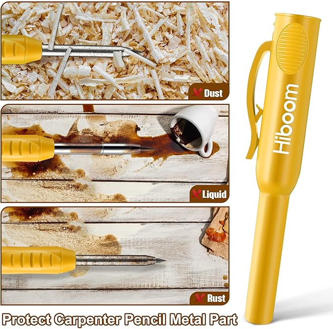 Hiboom 2 Pack Solid Carpenter Pencils with Pencil Cap and 18 Refills, Long Nose Deep Hole Mechanical Pencil Marker, Scribe Tool with Built-in Sharpener for Construction Woodworking Architect (Yellow)