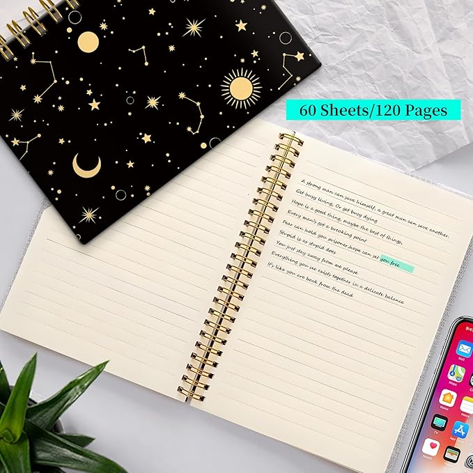 Spiral Notebook Journal for Women Men, A5 Hardcover Journal, 120 Pages Thick Paper, College Ruled Writing Notebook for School, Work & Office 8.3'' × 5.9''(Starry Cosmos Stars)