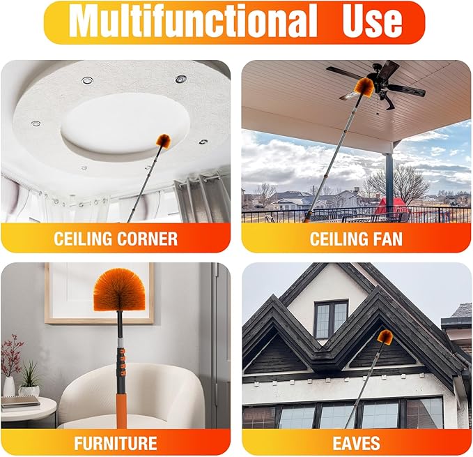 LAANPOLE 30FT (36FT Reach) Cobweb Duster with Extension Pole, Spider Web Brush for Cleaning Extendable, Professional Ceiling and Corner Dusters for Outdoor Indoor Use