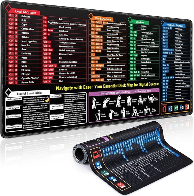 Excel Cheat Sheet Mouse Pad, Extra Large Excel Shortcuts Desk Mat, XXL 35.4"x15.7" Waterproof Keyboard Mousepad for Full Desk Office Work Computer Gaming Mouse Mat with Stitched Edges Anti-Slip