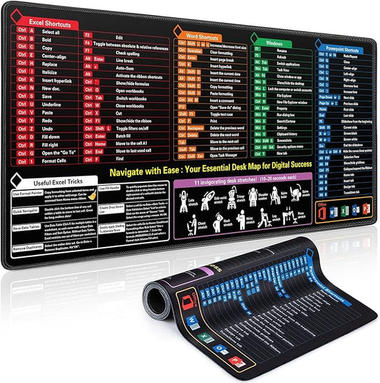 Excel Cheat Sheet Mouse Pad, Extra Large Excel Shortcuts Desk Mat, XXL 35.4"x15.7" Waterproof Keyboard Mousepad for Full Desk Office Work Computer Gaming Mouse Mat with Stitched Edges Anti-Slip