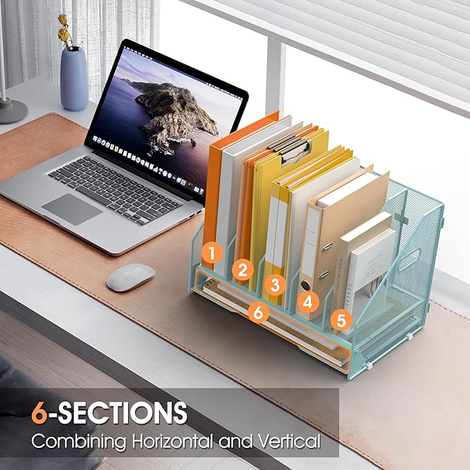 Desk File Folder Holder Organizer-5 Vertical Compartments Racks and Paper Letter Tray,Mesh Magazine File Holder Sorter,Desktop Accessories & Workspace Organizers for Home,Office,School-Blue