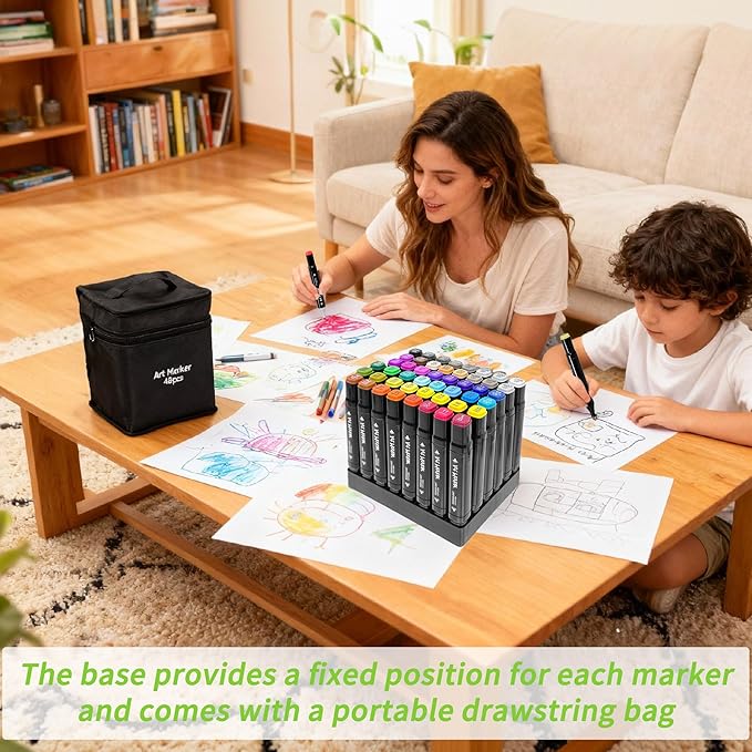 Markers 48 Colors - Dual Tip Alcohol Based Markers for Kids, Students & Adults - Quick Drying, Blendable Art Marker for Coloring Books, Art Projects, School Drawing With Portable Storage Bag