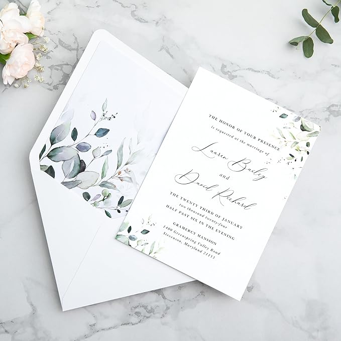 PONATIA 50PCS A7 Euro Flap Envelopes, 5.25 x 7.25'' Liner Envelope For 5x7'' Weddings Invitation Cards, Christmas Gift Cards, Acrylic Invitations, Photos (White & Sage Green Leaves)