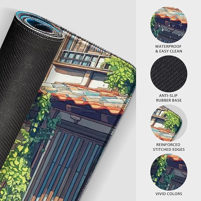 Japanese Street Scene Large Gaming Mouse Pad 31.5"x15.7"｜XXL Desk Mat, Non-Slip Rubber Base & Stitched Edges - Extended Waterproof Mousepad for PC/Laptop/Office/Home Decor