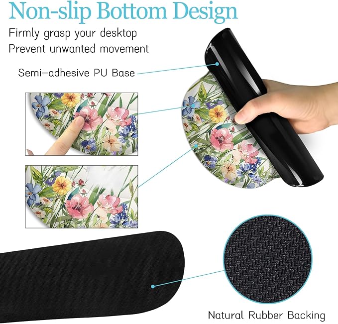 Flower Mouse Pad Set Large Desk Matt for Desktop, Ergonomic Mouse Pad with Wrist Rest, Gaming Wrist Support Keyboard Mat Cup Coaster Set Cute Office Desk Decor Accessories