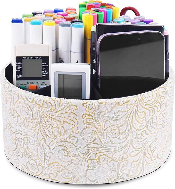 lizimandu Remote Control Holder, 360°Spinning PU Leather Desk TV Remote Caddy,Desk Storage Box Room Accessories for Controller, Media,Mail,Calculator, Mobile Phone,Pencil(1B-Carved White Gold)