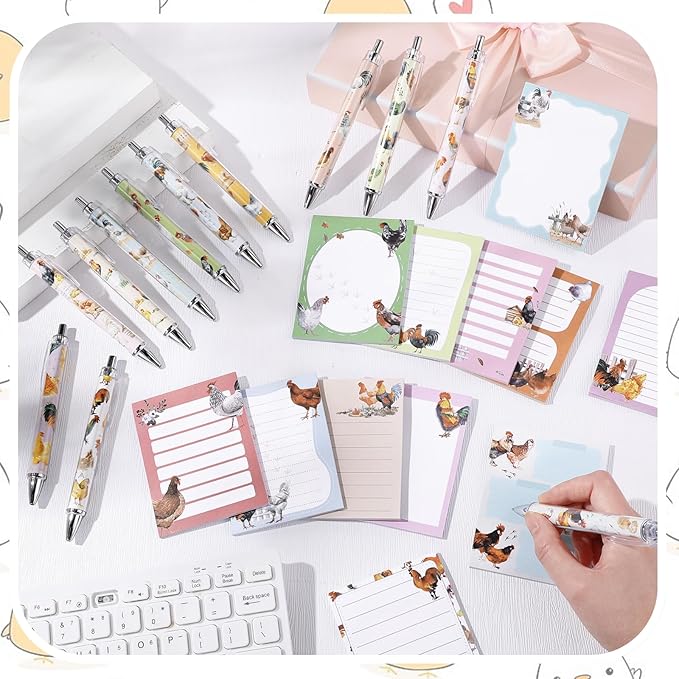 24 Pcs Chicken Sticky Notes with Pens Themed Gifts Self Adhesive Notepad Cute Memo Notes Pads Black Ink Ballpoint Pen for Chicken Lover Gifts Office School Students Teacher Supplies