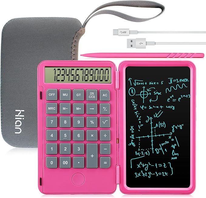 Hion Calculator,12-Digit Large Display Office Desk Calcultors with Erasable Writing Table,Rechargeable Hand held Multi-Function Mute Pocket Desktop Calculator for Basic Financial Home School (Pink)
