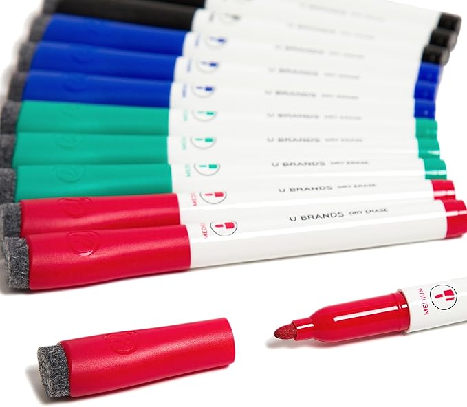 U Brands Fine Tip Dry Erase Markers with Eraser, Whiteboard Markers, Low Odor, Assorted Colors, Set of 12