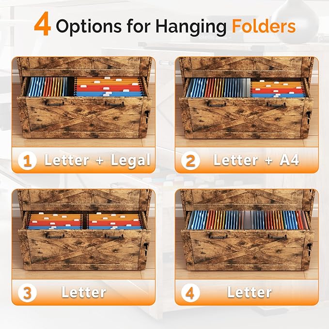 VINGLI 2 Drawer File Cabinet with Lock, Home Office Filing Organizer, for Letter Legal A4 Size File Folder Storage, Modern Farmhouse, Wood Lateral Filing Cabinet, Archivador (Rustic Brown)