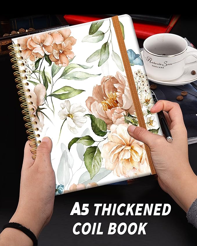 Ruled Spiral Writing Notebook,A5 Hardcover Lined College Journal for Women Lady Girl,Watercolor Floral Strong Twin-Wire Binding with Premium Paper,8.4" X 6",Perfect for School,Office,Home Gifts(Pink