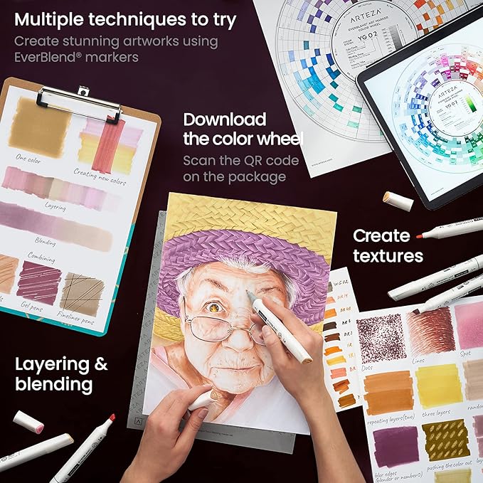 ARTEZA Alcohol Markers – Set of 36 Portrait & Skin Tone EverBlend Dual Tip Markers with Fine and Chisel Nibs and Organizer Box for Drawing