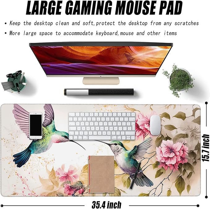 Desk Mat, Pink Flowers and Colibri Birds Extended Large Gaming Mouse Pad for Desk XXL, Non-Slip Rubber Base Stitched Edges Long Computer Keyboard Desk Pad Mouse Mat for Home Office Gaming 35.4"X15.7"