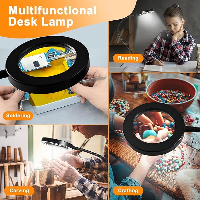 20X/10X Dual-Lens Magnifying Glass with Light and Timer, Combination Lens Magnifier with Light, 3 Color Modes, 2 in 1 Magnifying Desk Lamp for Craft Hobby Painting Sewing Close Work(No Adapter)