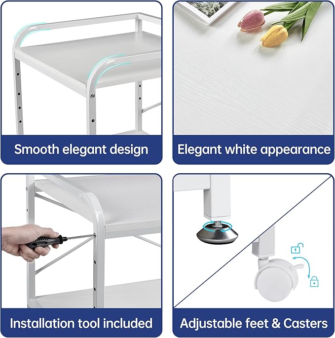 20 Inches Deep Large Printer Stand, 2 Tier Under Desk Printer Table with Height Adjustable Shelf, Rolling Printer Cart with Wheels for Home Office Storage - White