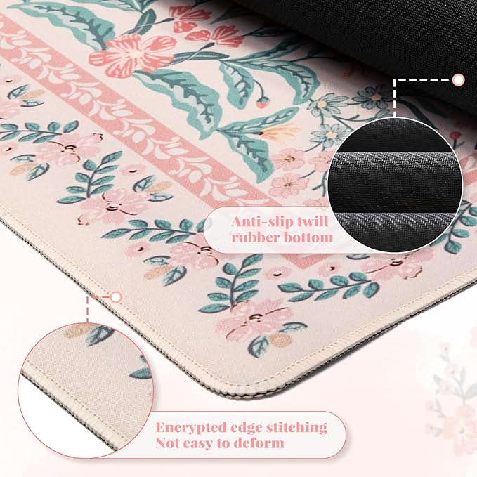 HAOCOO Desk Matt for Desktop, Cute Desktop Pad for Keyboard and Mouse,Non-Slip Pink Keyboard Mat for Computer, Floral Mouse Pad with Stitched Edge, Large Mouse Pad for Office Aesthetics
