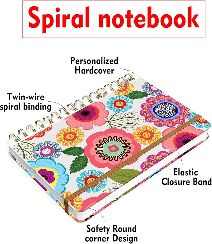 Spiral Journal Notebook for Women, Hardcover A5 College Ruled Notebook, 120 Pages, Thick Paper, Cute Lined Journal for School, Office & Work, 6 x 8.4 in(Cute Flower)