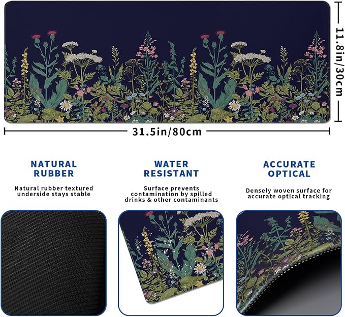 Wildflower Mouse Pad Abstract Black Mouse Pad 31.5x11.8 Inch Flower Texture Non-Slip Rubber Base Large Mousepad Stitched Edges Keyboard Mouse Mat Desk Pad for Office and Home