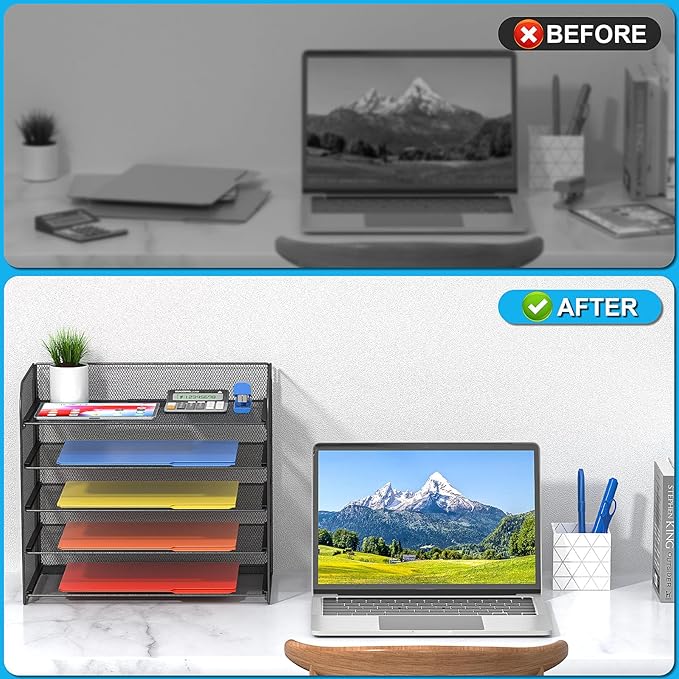 2 Pack Legal/A4/Letter Size Desk Paper Organizer Desktop File Organizer Document Sorter, 5 Tier Mesh Letter Tray File Folder Holder Office Accessories Organization