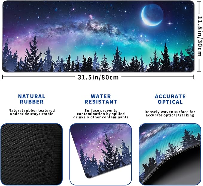 Tree Mouse Pad Abstract Starry Sky Mouse Pad 31.5x11.8 Inch Japanese Texture Non-Slip Rubber Base Large Mousepad Stitched Edges Keyboard Mouse Mat Desk Pad for Office and Home