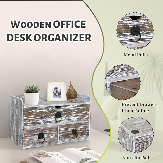 Washed Brown Wood Desk Organizer, Desktop Organizer with Drawers, Mini Tabletop Storage Organization Container for Home Office Supplies, No Assembly Required (3 Drawer and Shelf)