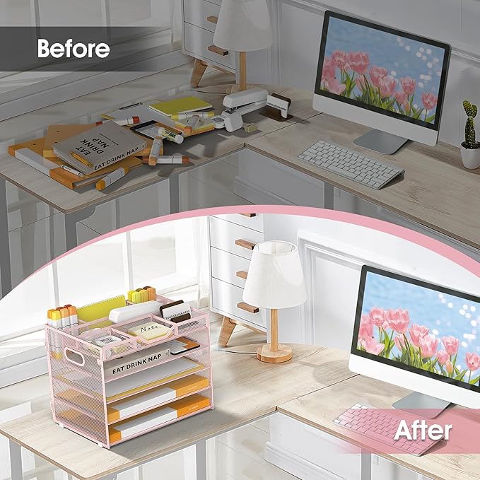 5 Tier Paper Letter Tray with 3 Drop-in Pen Holders, Mesh Desk File Organizer with Handle, Desk Organizers and Accessories for School,Home, Office Supplies Storage-Pink