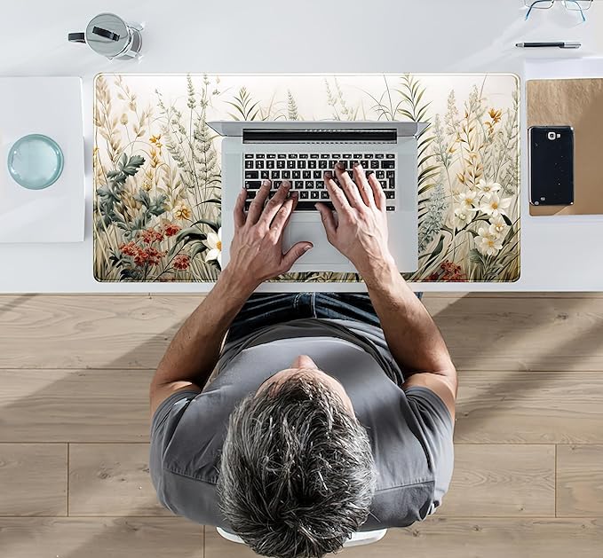 Beige Aesthetic Sage Desk Mat Cute Watercolor Flowers Mouse Pad Desk Pad, XXL Large Extended Gaming Anime Mousepad Big Keyboard Mouse Mat, Home Office Desktop Decor Deskpad for Women 31.5x15.75 in