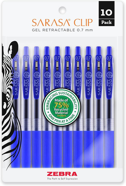 Zebra Pen Sarasa Clip Retractable Gel Pen, Medium Point, 0.7mm, Blue Ink, 10-Pack (42321)