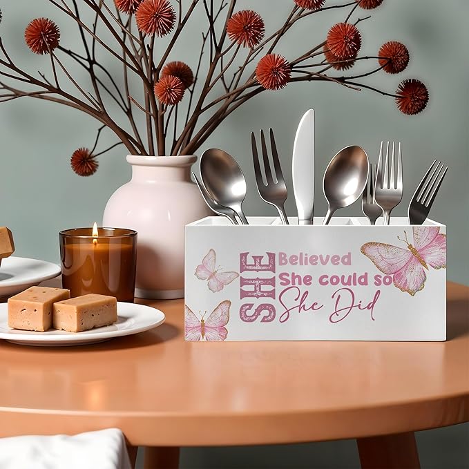 She Believed She Could Pencil Pen Holder for Desk, Inspirational Gifts for Women, Retro Coquette Butterfly Wooden Pencil Holder Organizer for Home Office Desk Accessories