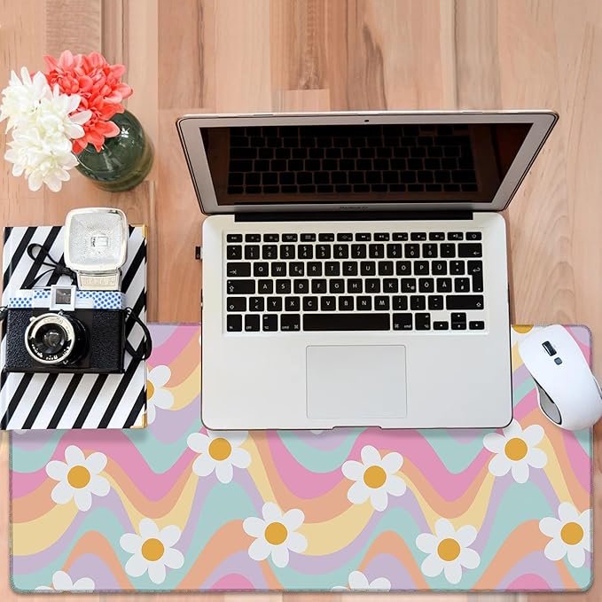 Large Mouse Pad Floral and Wavy Gaming Desk Pad Computer Keyboard Non-Slip Waterproof Mouse Mat with Rubber Base and Stitched Edges Entertainment Office Writing Desk Mat 35.4 x 15.7 Inches