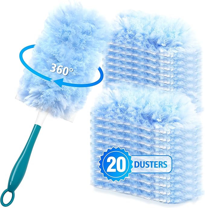 NEWE Duster Refills 20 PCS with Handle Compatible with Swiffer, 360 Degree Heavy Duty Dusting Kit with 4X Microfibers, Multi-Surface Dust Removing Tool for Cleaning Blinds Bookshelf Furniture