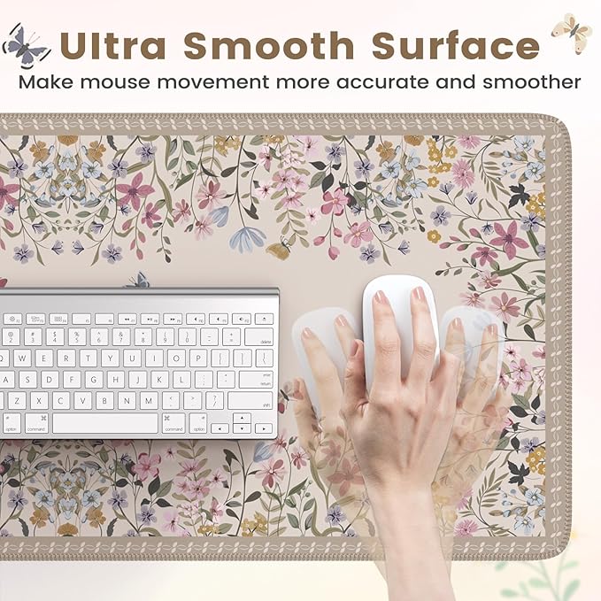 HAOCOO Beige Desk Matt for Desktop, Desk Mat for Keyboard and Mouse, Floral Keyboard Mat with Edge Stitching, Non-Slip Large Mouse Pad for Desk for Gaming,Women Office