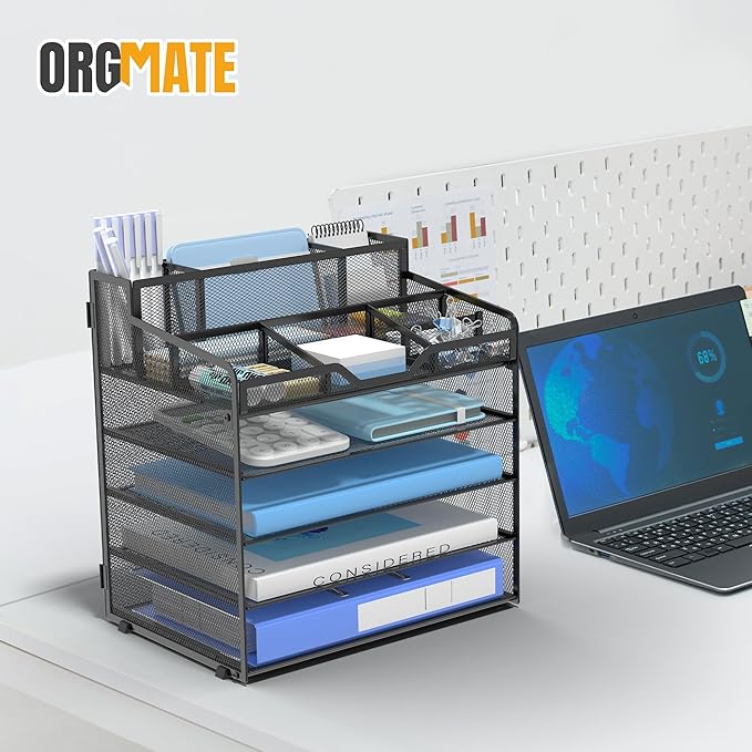 5 Tier Mesh Desk Organizer,Multi Functional Letter Paper Tray with 3 Pen Holders and 5 Adjustable Storage Compartments for Office Supplies Files and Mail Space Saving Desktop Organizer-Black