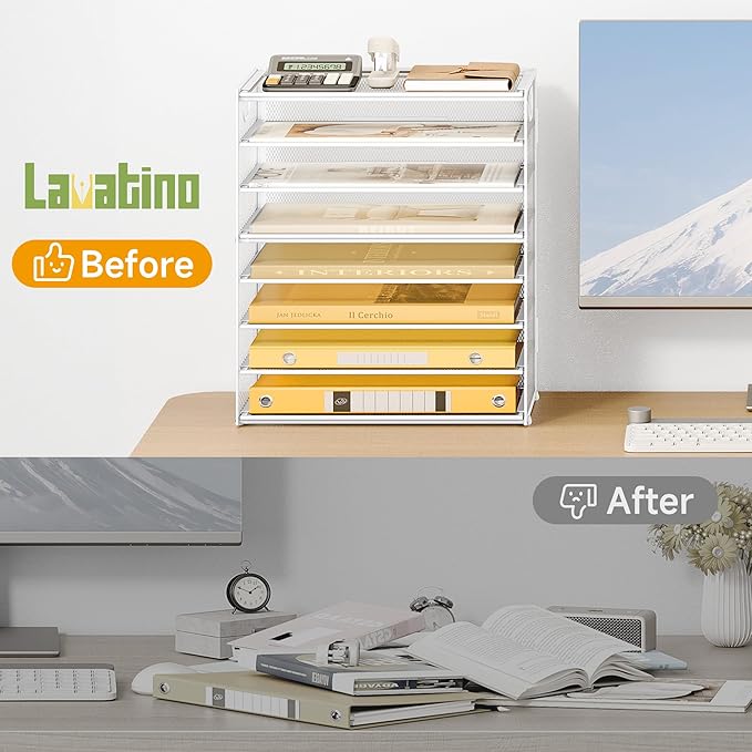 Lavatino 8-Tier Letter Tray Desk Paper Organizer, Mesh File Tray Organizer for Desk, Office Supplies & Home Organization, Fits A4 Paper, Mail, Magazines and Office Accessories (White with Handle)