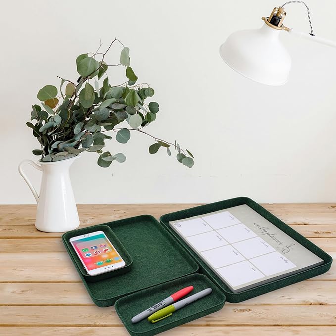 Welaxy EDC Catchall Desk Organizer felt DND dice rolling tray stylish nightstand multitray Entryway Bedside Caddy for Keys Phone Wallet Watch Glasses Pens Office minimalist 4-piece (Forest Green)