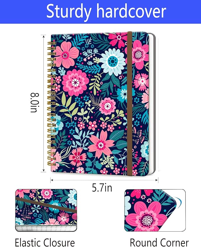 Spiral Journal Notebook, A5 Cute Notebooks for Women Men, College Ruled Hardcover Notebook for Work & Note Taking, 60 Pages Double-Wire Journals for Writing, Cute Purple Flowers