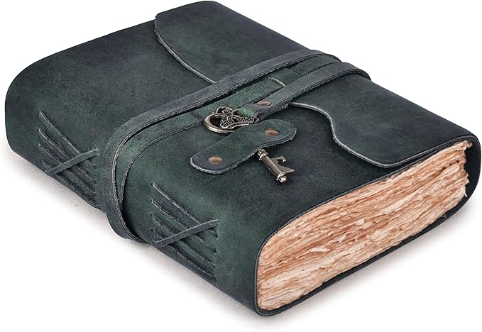 LEATHER VILLAGE Vintage Leather Journal – 200 Handmade Vintage Deckle Edge Paper – Leather bound Journal For Women Men – Vintage Key Closure - Book of Shadows - Turquoise - 10X7 inches