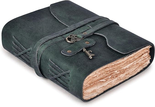 LEATHER VILLAGE Vintage Leather Journal – 200 Handmade Vintage Deckle Edge Paper – Leather bound Journal For Women Men – Vintage Key Closure - Book of Shadows - Turquoise - 10X7 inches