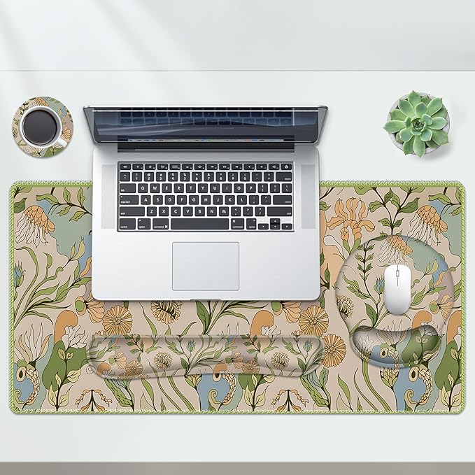 AIMSA Mouse Pad Set Large Desk Mat, Ergonomic Mouse Pad with Wrist Rest, Gaming Mouse Pad Wrist Support Keyboard Mat Combo Office Desk Decor Accessories, Abstract Flower Plants