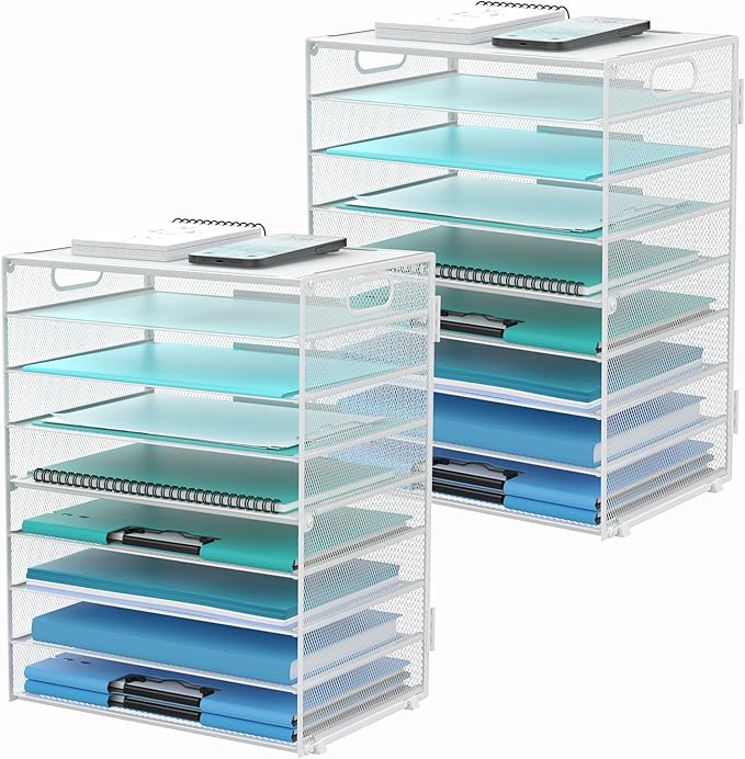 DALTACK 9-Tier Paper Letter Tray Desk Organizer with Handles, Mesh File Holder Organization, Paper Sorter Desk Organizer for Office Home School, White 2 Pack