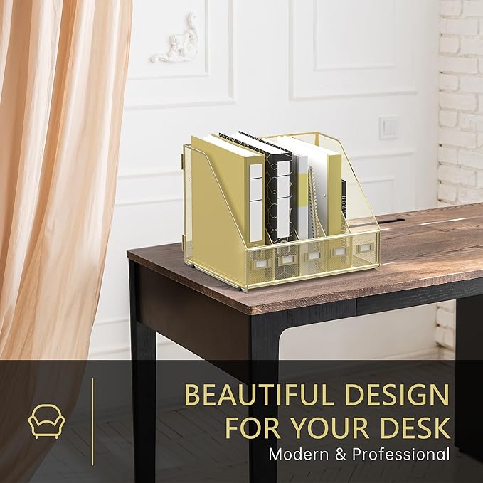 DALTACK Desk Organizers Metal Magazine File Holder with 5 Vertical Compartments Folder Storage Binder Organizer for Office Home School Organization, Gold Plus
