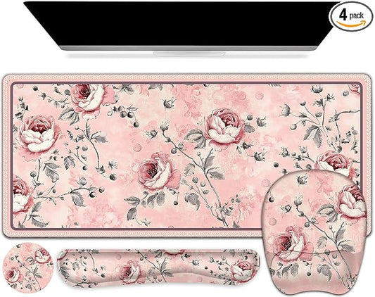4 in 1 Large Mouse Pad, Keyboard Wrist Rest Set, Ergonomic Mouse Pad with Wrist Support, Desk Mat with Stitched Edges Extended Desk Pad Waterproof Desk Mat for Home Office Game I Pink Rose Flowers