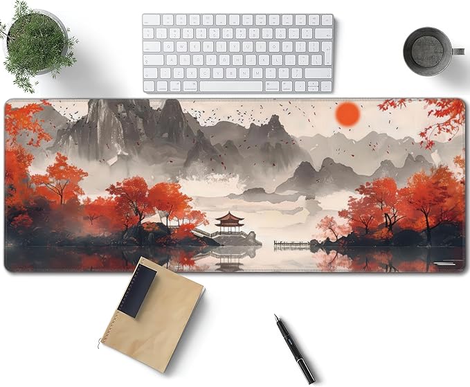 Autumn Landscape Ink Painting Large Mouse Pad, Japanese Anime Gaming Desk Mat, XL Keyboard Desk Pad Mat for Desktop, 31.5"x11.8" Non-Slip Base Big Mousepad with Stitched Edges