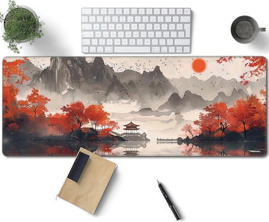 Autumn Landscape Ink Painting Large Mouse Pad, Japanese Anime Gaming Desk Mat, XL Keyboard Desk Pad Mat for Desktop, 31.5"x11.8" Non-Slip Base Big Mousepad with Stitched Edges