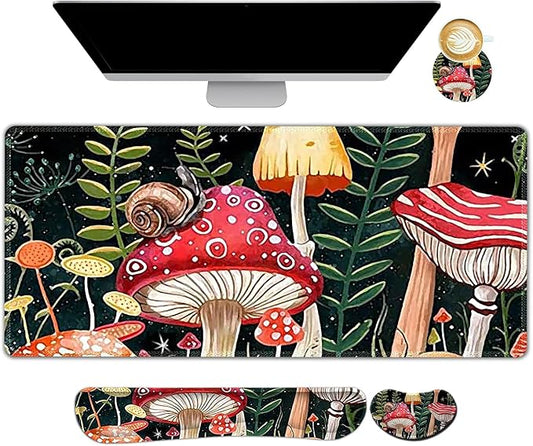 ARTSO Large Gaming Mouse Pad, Keyboard Wrist Rest Pad & Wrist Support Mousepad Set, Stitched Edge, Extended, Non-Slip Base, Memory Foam Desk Mat for Office, Home, Snail Mushroom