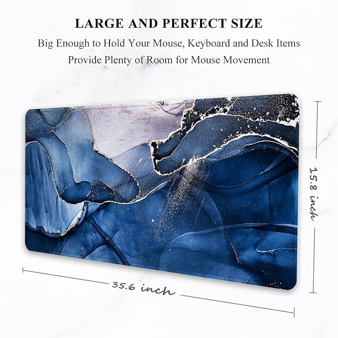 Auhoahsil Large Mouse Pad, XXL Desk Pad, Extened 35" x 15", Non-Slip Rubber Base, Stitched Edges, Superior Surface, Waterproof Keyboard Mat, Large Mousepad for Gamer, Office & Home, Ink Navy Marble